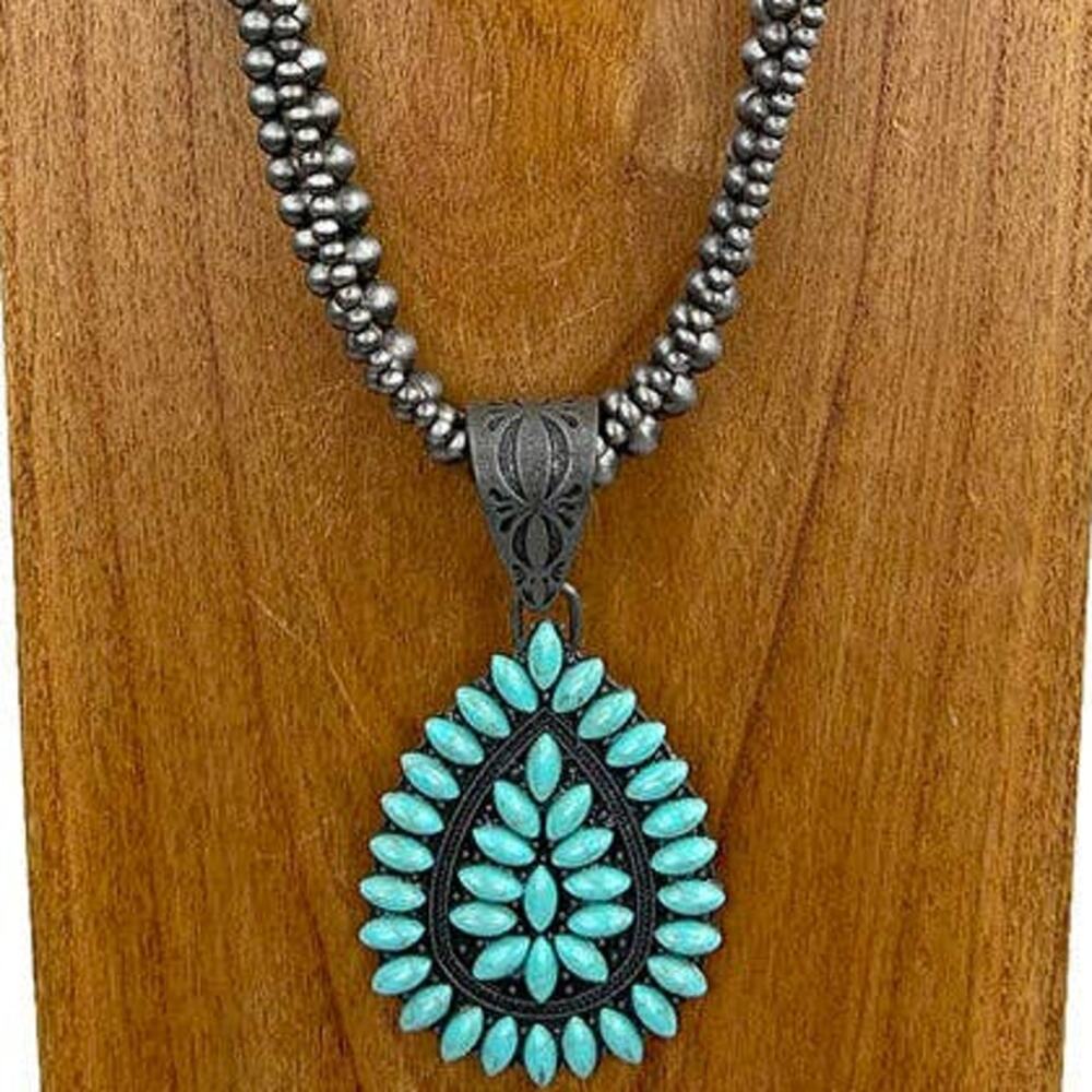 Silver Navajo Style Pearl Blue Turquoise Teardrop Necklace - Picture 2 of 2
